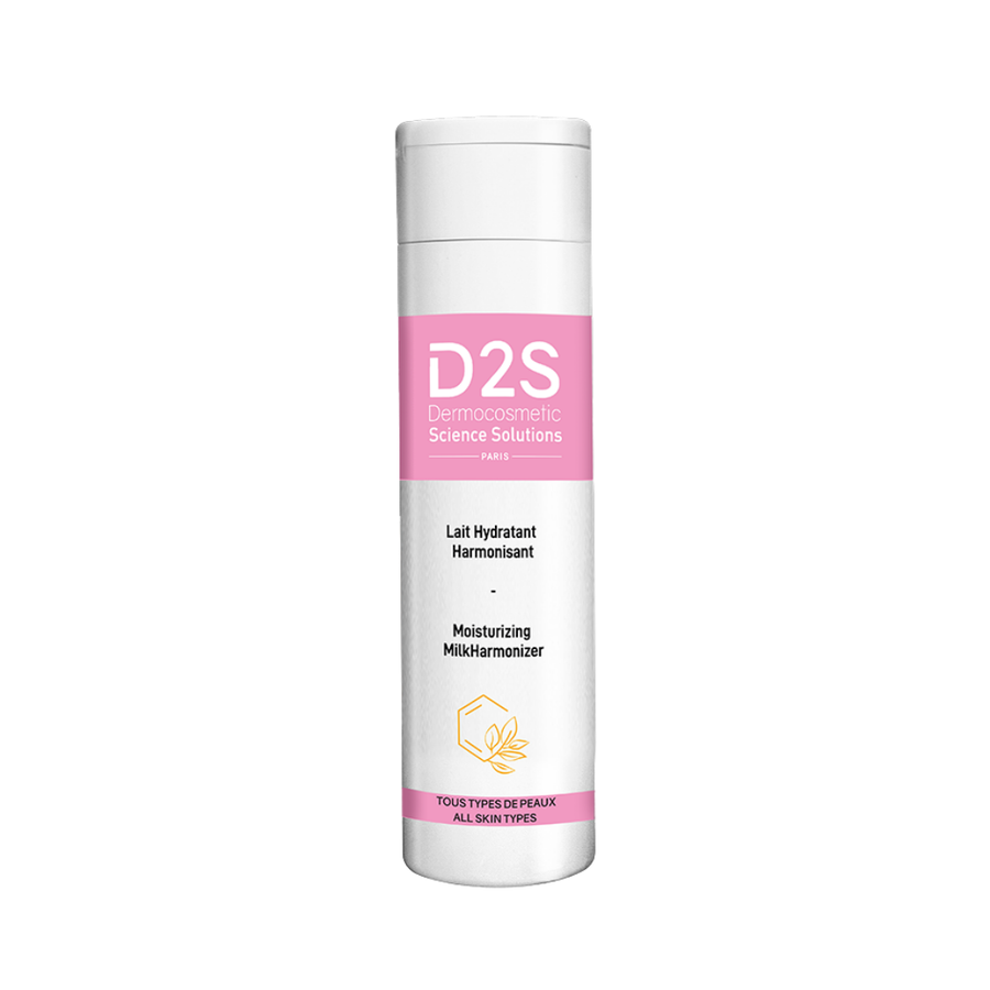 D2S Moisturizing Milk Harmonizer, 200ml, tall white cylindrical bottle with pink labels and pump cap.