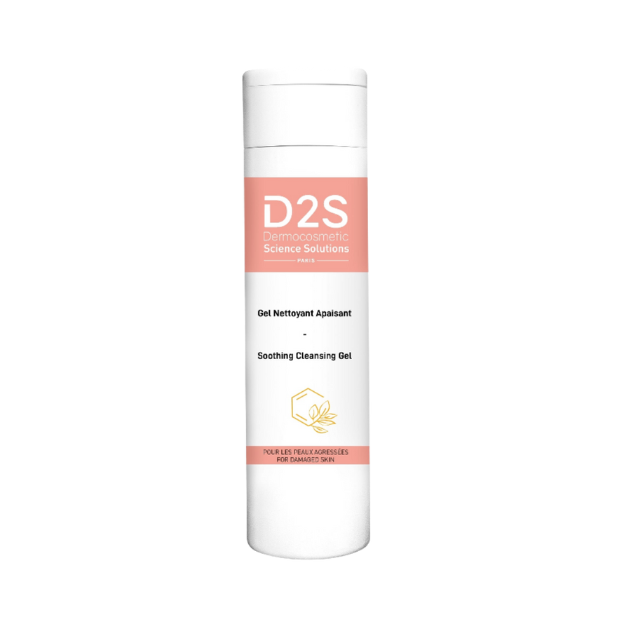 D2S Soothing Cleansing Gel, 200 ml, in a white cylindrical bottle with coral label and flip-top cap.
