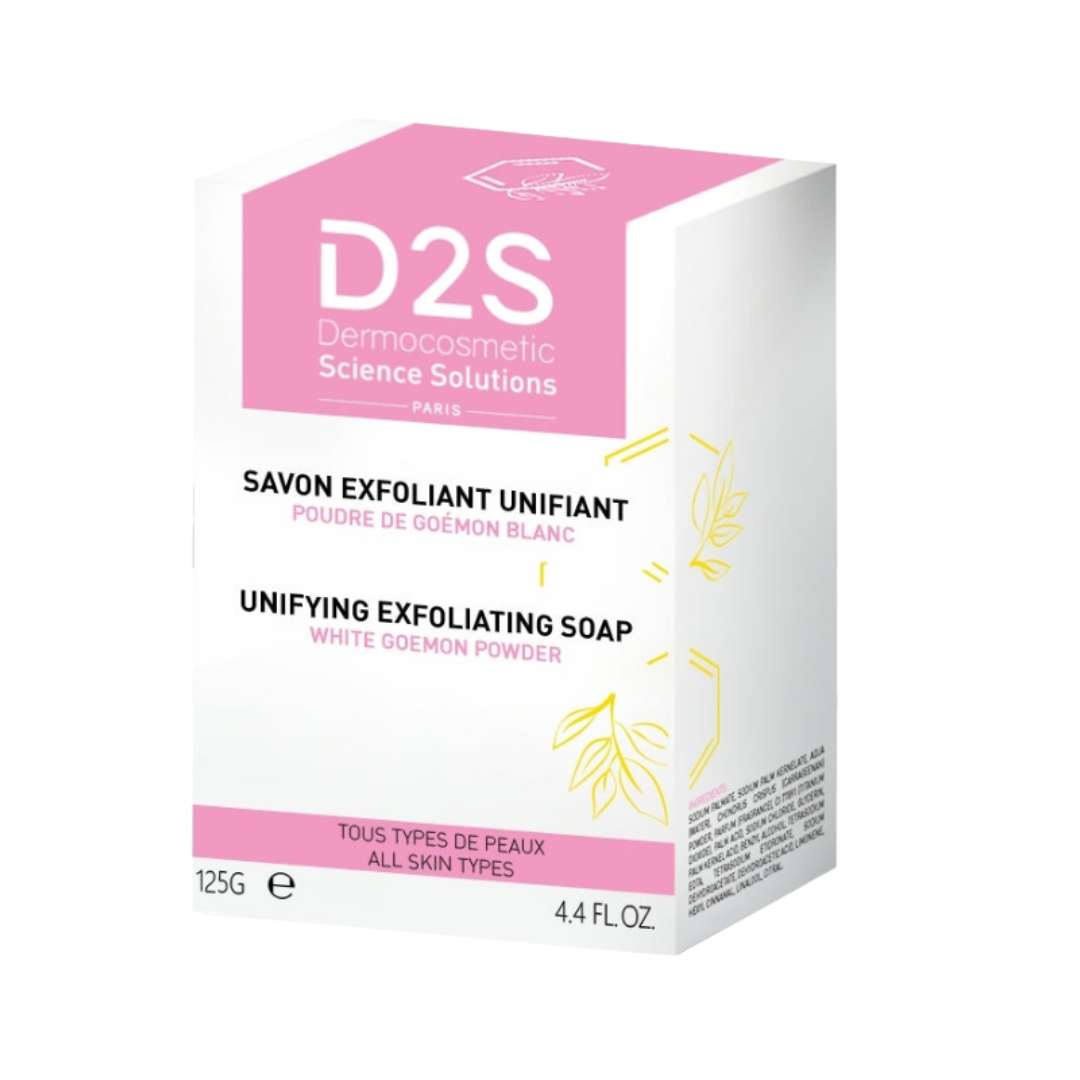 D2S Unifying Exfoliating Soap, 125 g, white carton with pink panel and yellow botanical graphics.