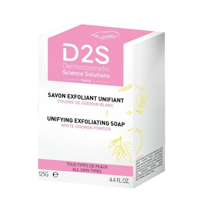 D2S Unifying Exfoliating Soap, 125 g, white carton with pink panel and yellow botanical graphics.