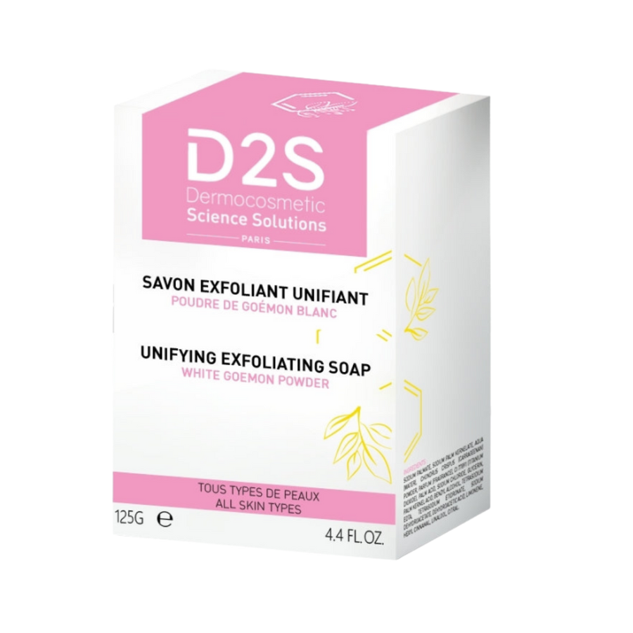 D2S Unifying Exfoliating Soap, 125 g, white carton with pink panel and yellow botanical graphics.