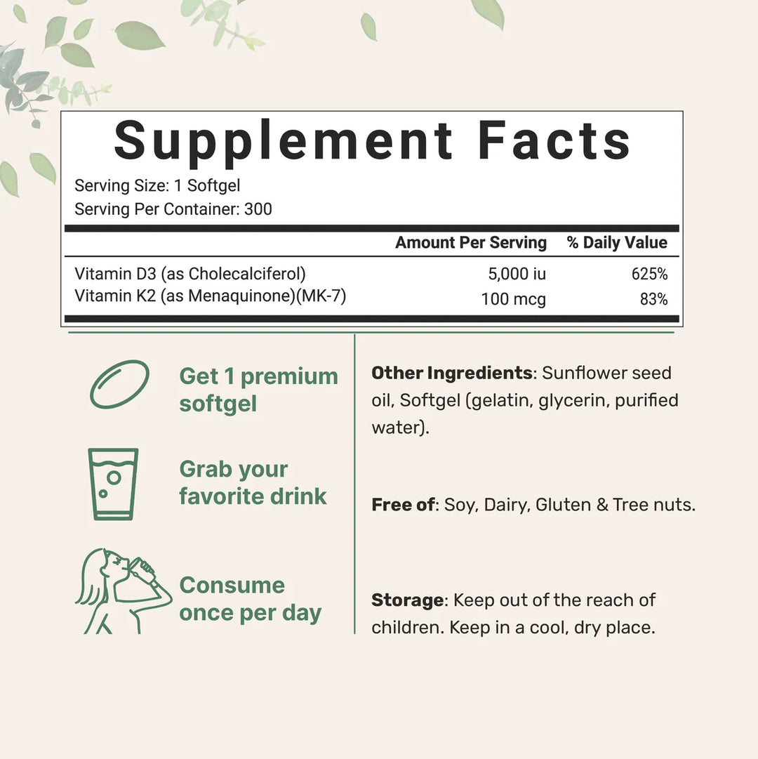 Micro Ingredients Vitamin D3 K2 5000IU Infused with Virgin Coconut Oil - 300 Softgels | مايكرو إنغريدينتس فيتامين د 3 5000 وحدة دولية مع ك2 – 300 كبسولة هلامية