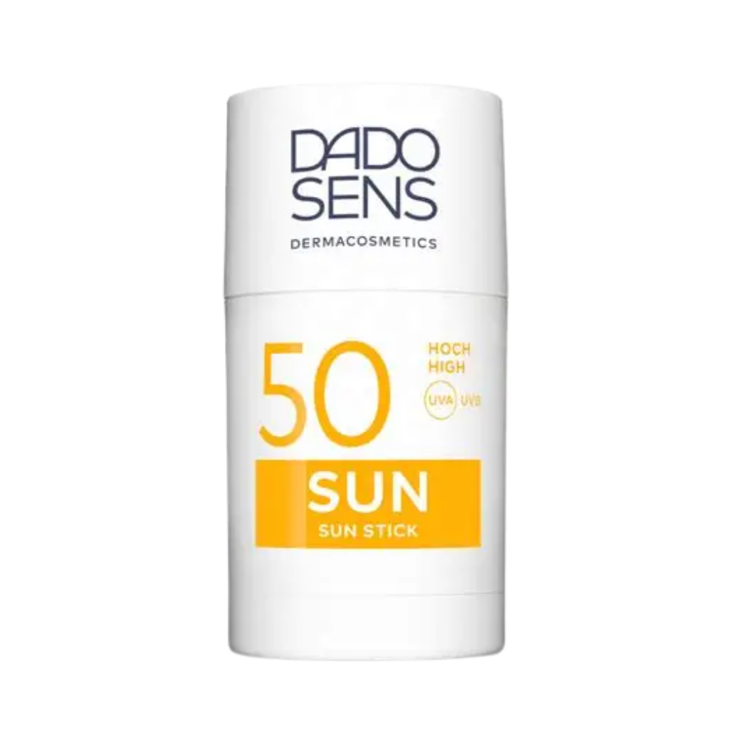 Dado Sens Dermacosmetics SPF 50 sun stick sunscreen in white cylindrical twist-up packaging with orange label
