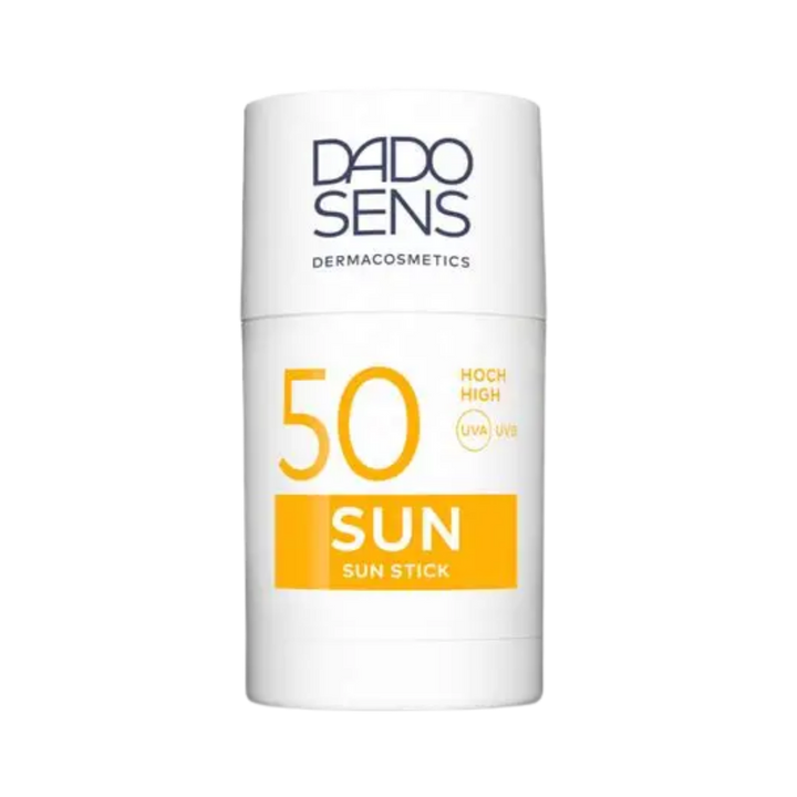Dado Sens Dermacosmetics SPF 50 sun stick sunscreen in white cylindrical twist-up packaging with orange label
