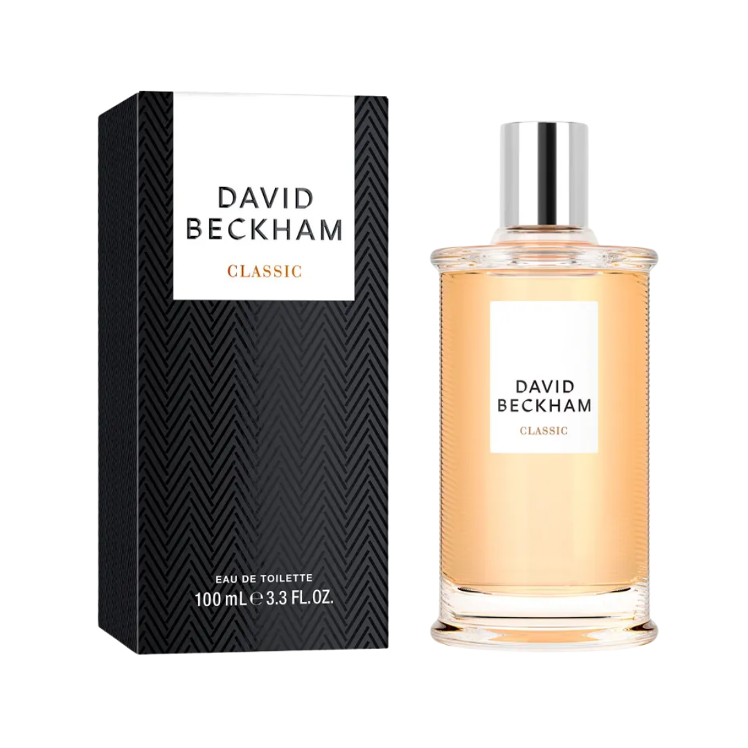 David Beckham Classic Eau de Toilette, 100ml, in a glass bottle with a black and white branded box.
