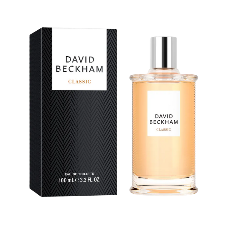 David Beckham Classic Eau de Toilette, 100ml, in a glass bottle with a black and white branded box.
