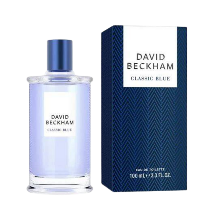 David Beckham Classic Blue Eau de Toilette, 100ml, in a glass bottle with a blue and white branded box.
