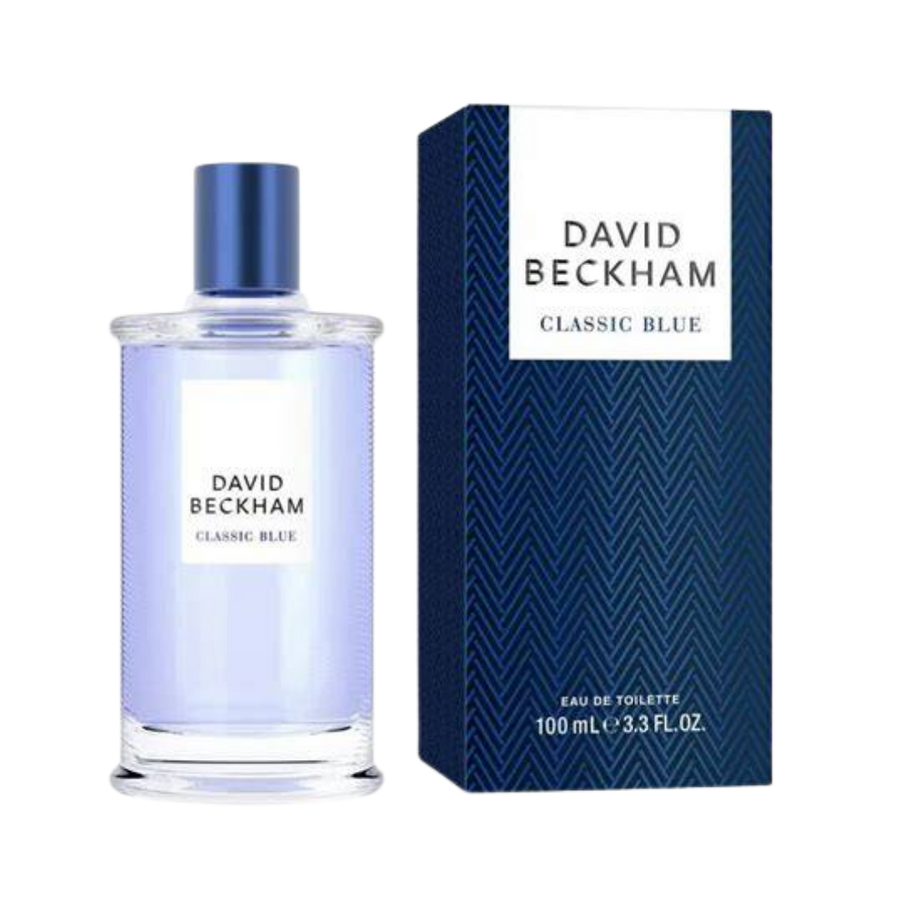 David Beckham Classic Blue Eau de Toilette, 100ml, in a glass bottle with a blue and white branded box.
