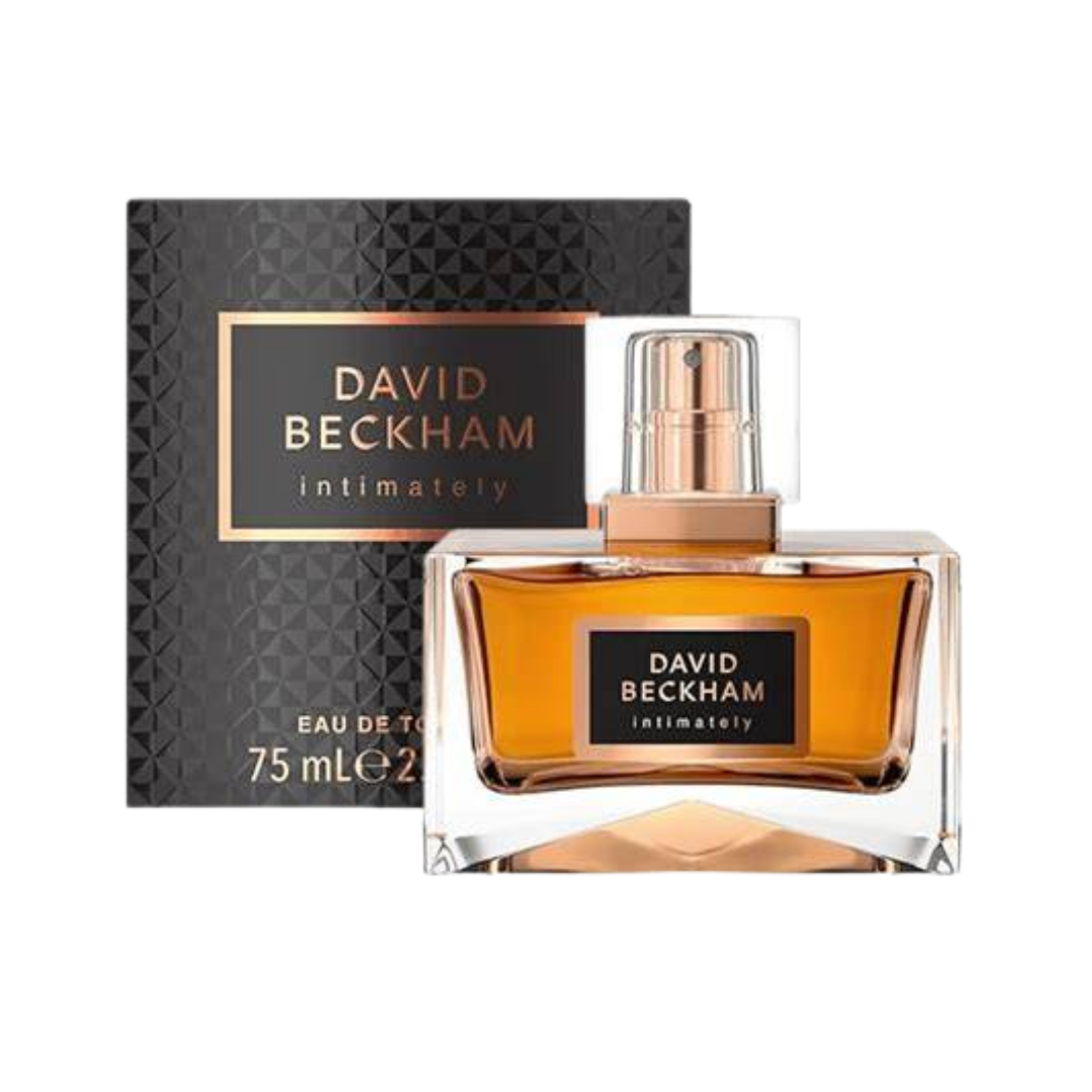 David Beckham Intimately Eau de Toilette, 75ml, in a glass bottle with a black and gold branded box.
