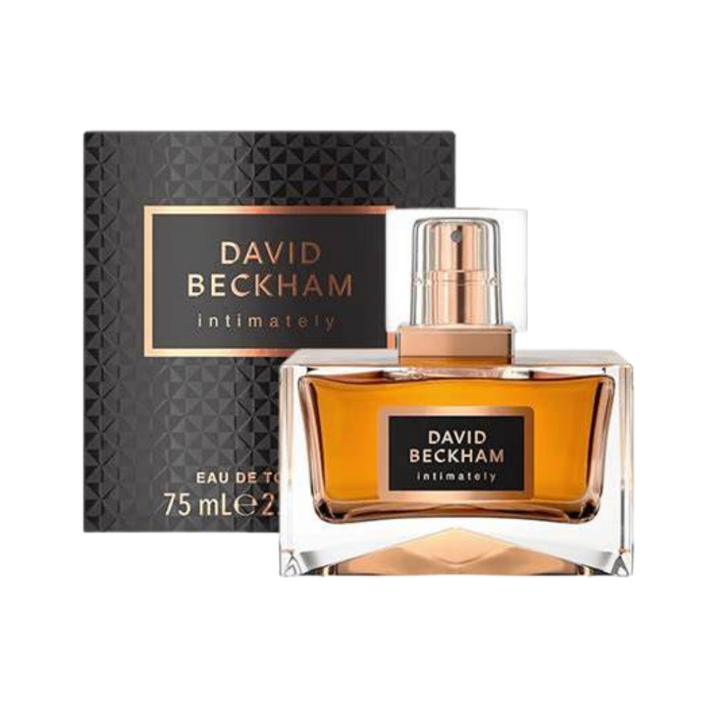 David Beckham Intimately Eau de Toilette, 75ml, in a glass bottle with a black and gold branded box.

