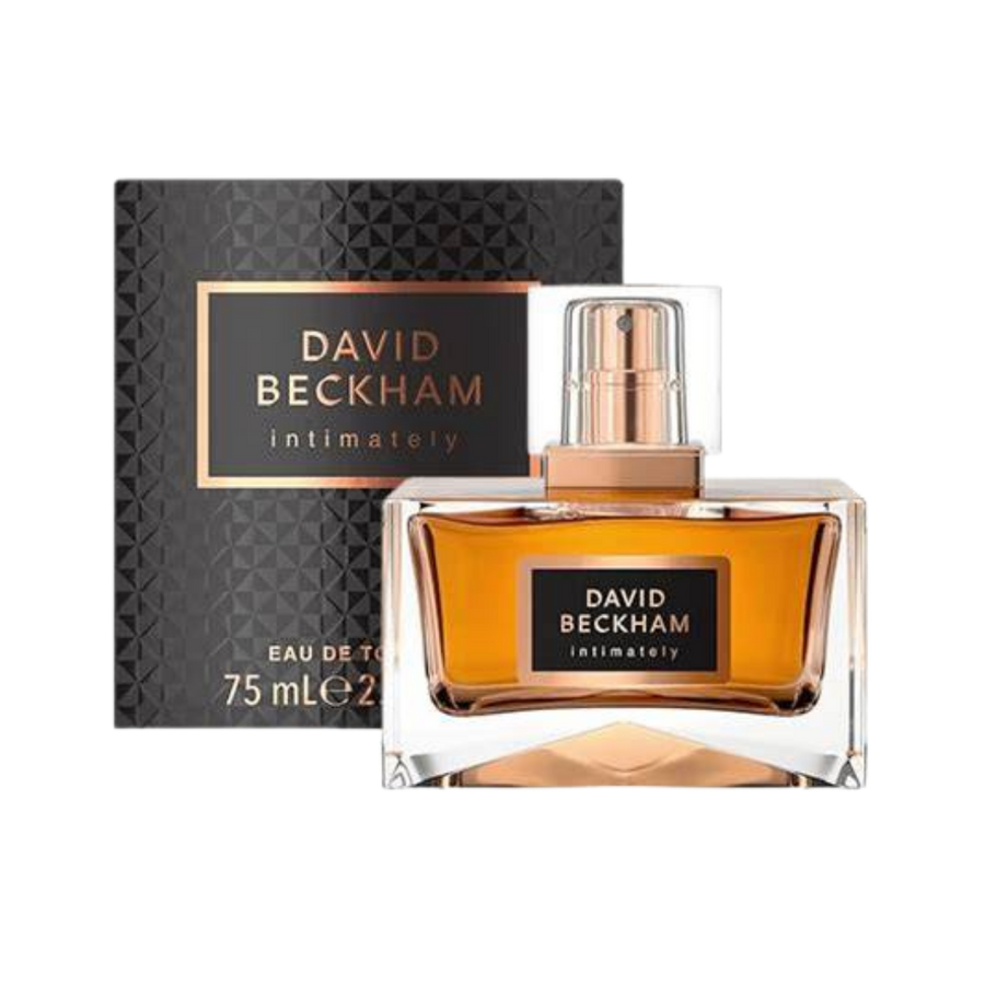 David Beckham Intimately Eau de Toilette, 75ml, in a glass bottle with a black and gold branded box.
