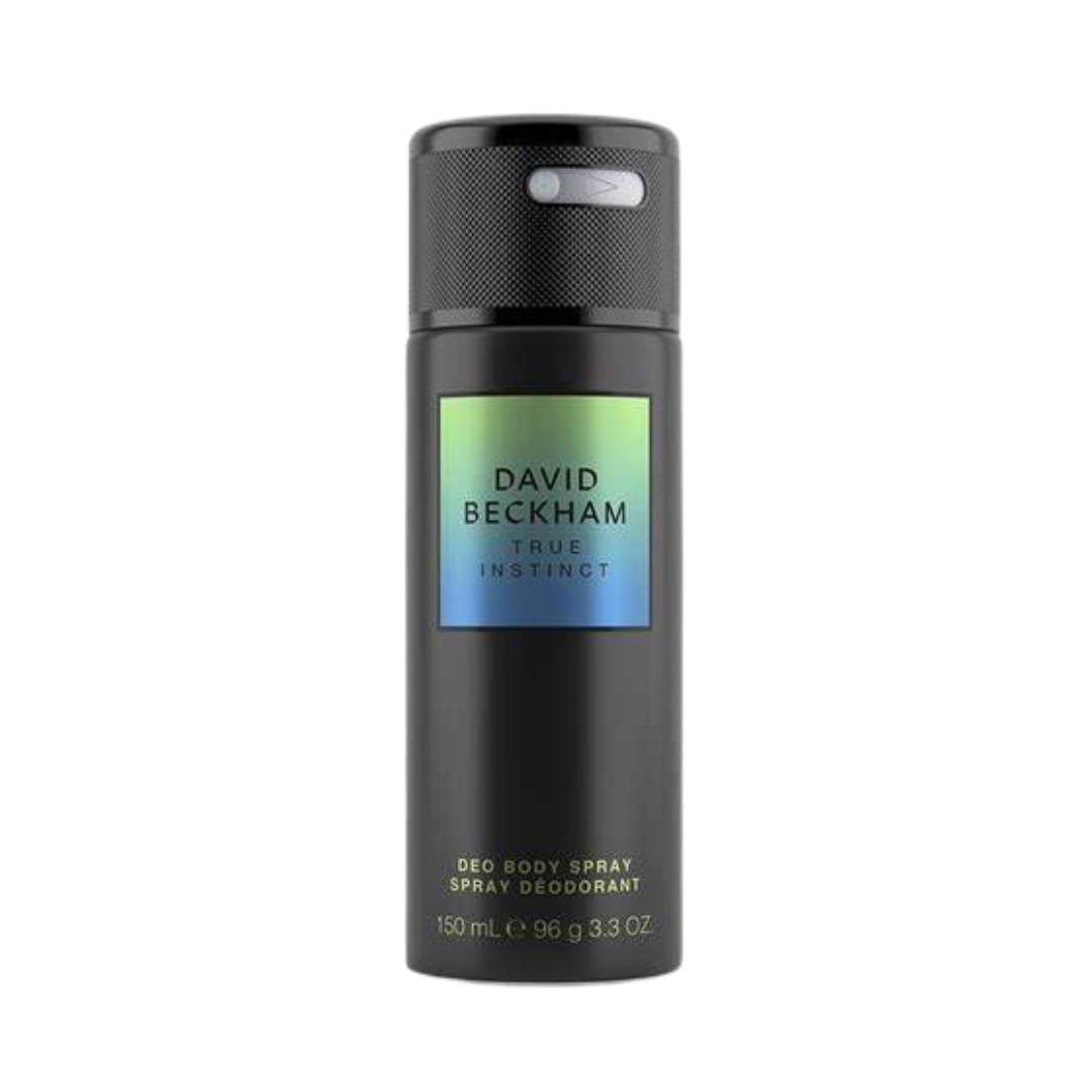 David Beckham True Instinct deodorant body spray 150ml black aerosol can with gradient label and black cap
