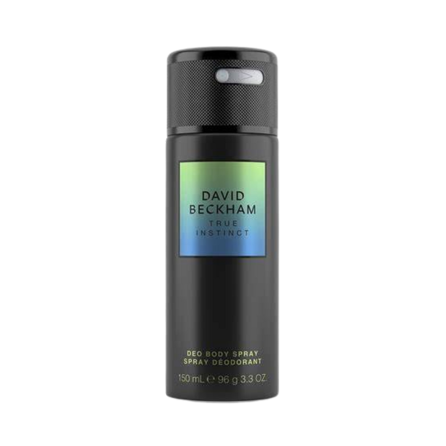 David Beckham True Instinct deodorant body spray 150ml black aerosol can with gradient label and black cap
