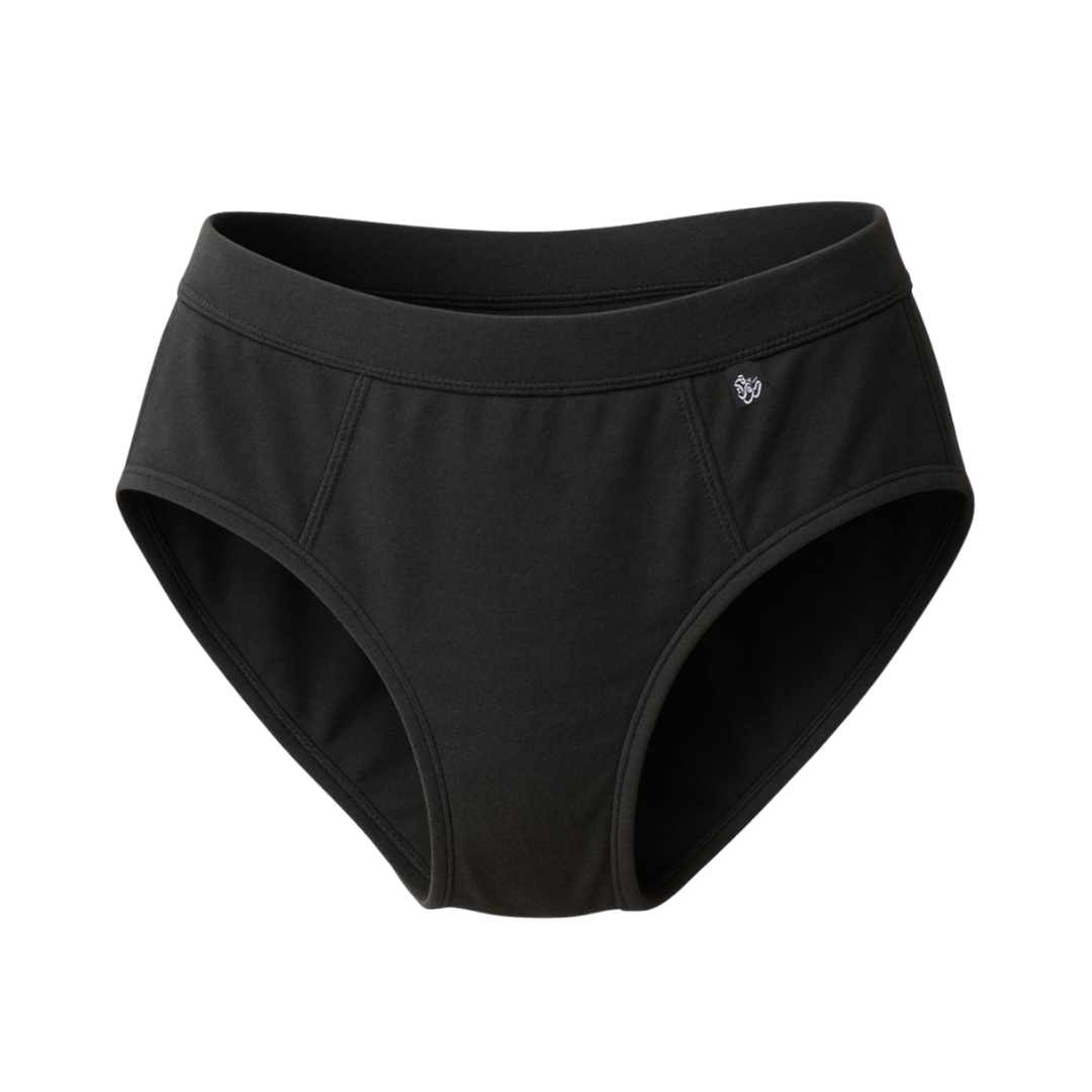 DAWRATY Nina menstrual period underwear, black reusable briefs with wide waistband and small log
