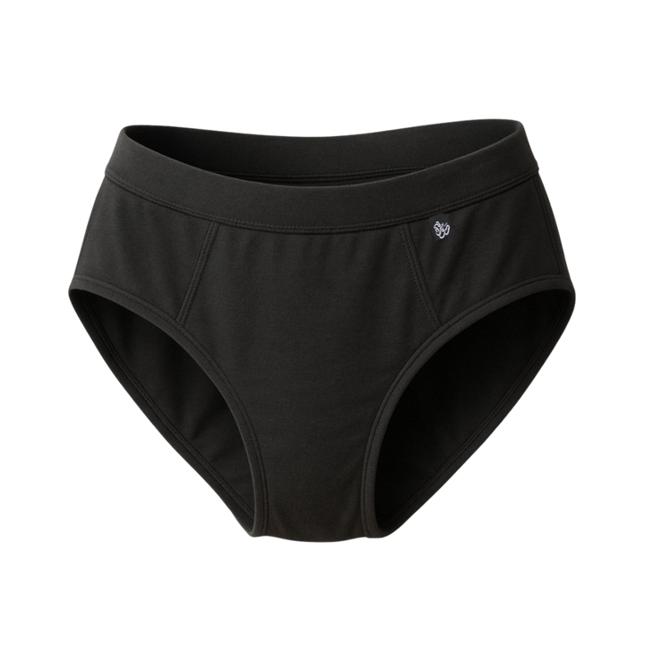DAWRATY Nina menstrual period underwear, black reusable briefs with wide waistband and small log