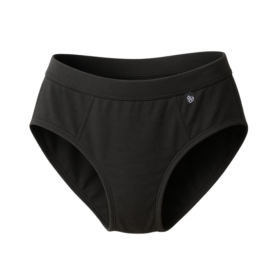 DAWRATY Nina menstrual period underwear, black reusable briefs with wide waistband and small log