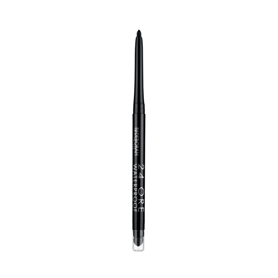 DEBORAH Milano 24ORE waterproof eyeliner pencil, black retractable pencil with clear base cap.
