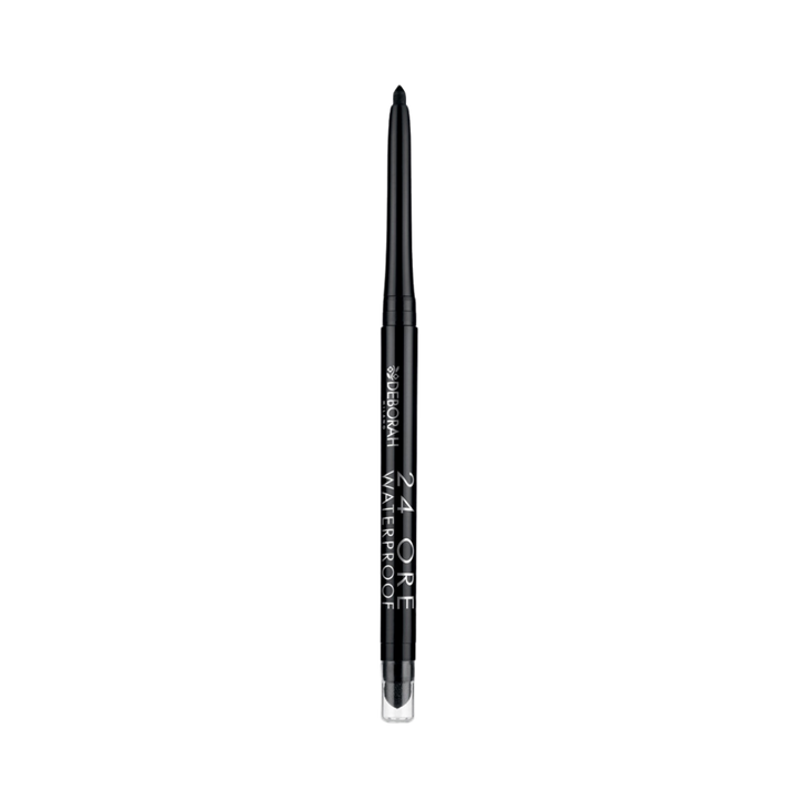 DEBORAH Milano 24ORE waterproof eyeliner pencil, black retractable pencil with clear base cap.
