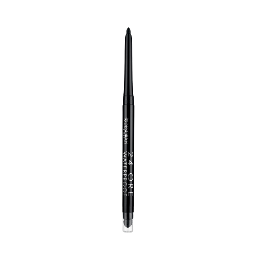 DEBORAH Milano 24ORE waterproof eyeliner pencil, black retractable pencil with clear base cap.
