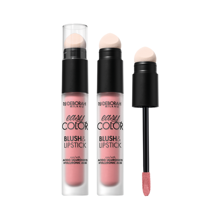 Deborah Milano Easy Color blush and lipstick with sponge applicator, liquid tube packaging, pink shade
