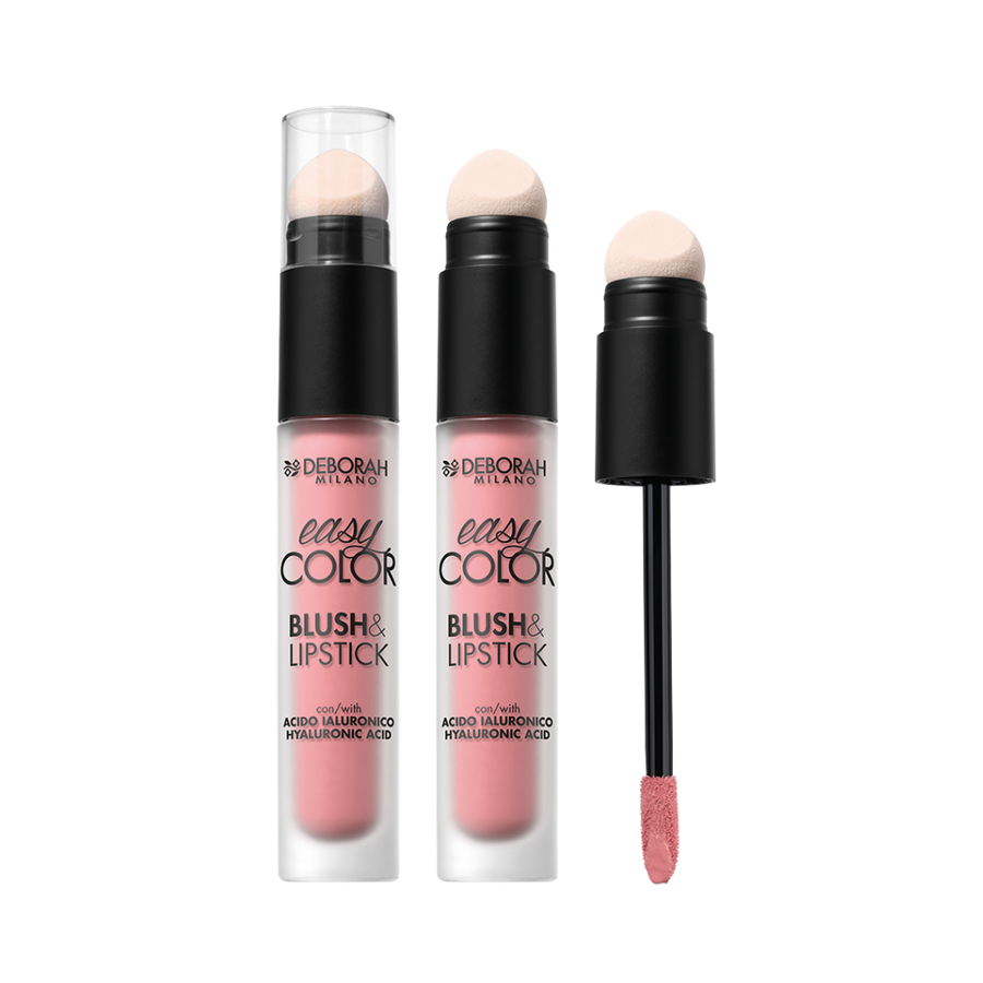 Deborah Milano Easy Color blush and lipstick with sponge applicator, liquid tube packaging, pink shade
