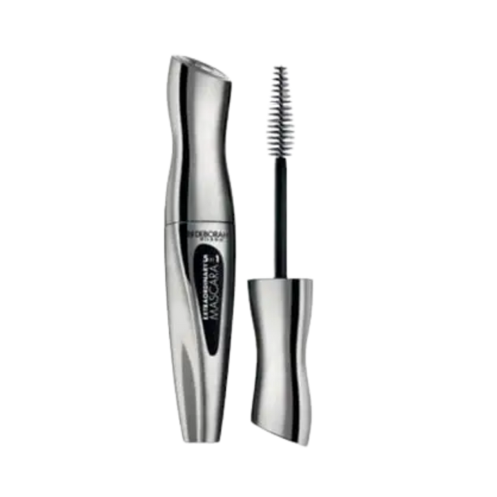 DEBORAH Milano mascara in silver curved tube, with separate applicator wand and black bristles.
