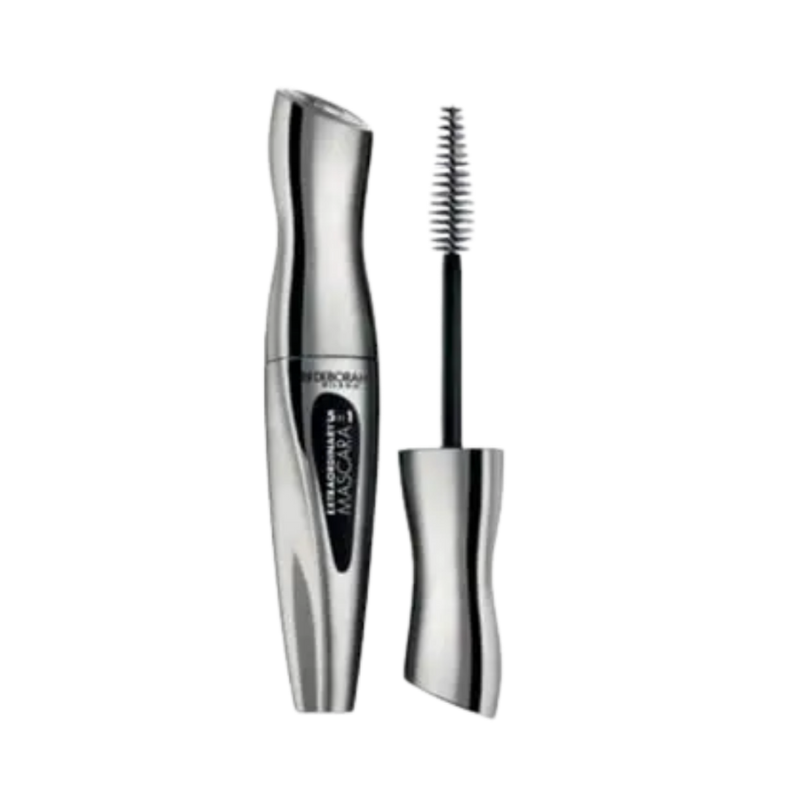 DEBORAH Milano mascara in silver curved tube, with separate applicator wand and black bristles.
