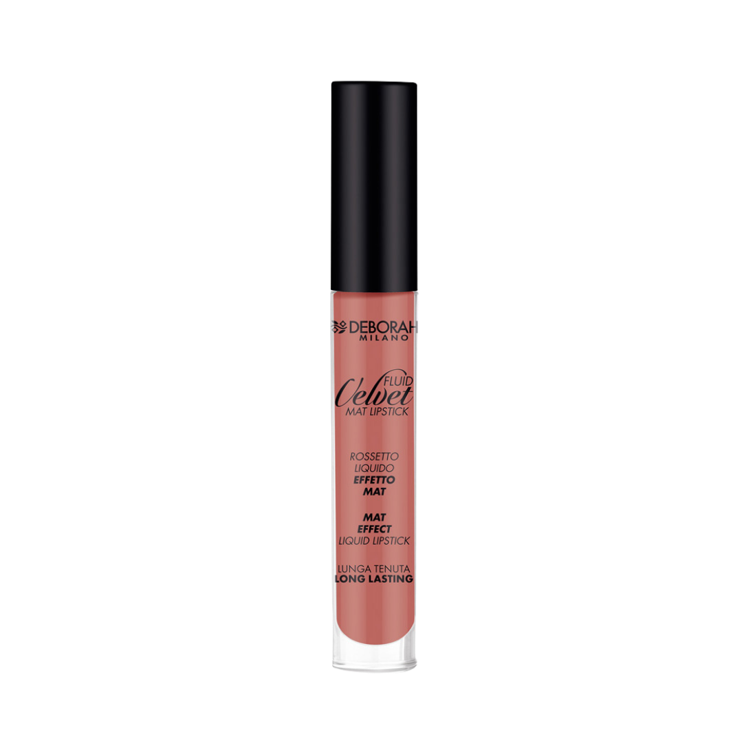 DEBORAH Milano Fluid Velvet Matte Liquid Lipstick, long-lasting, in a clear tube with black cap.