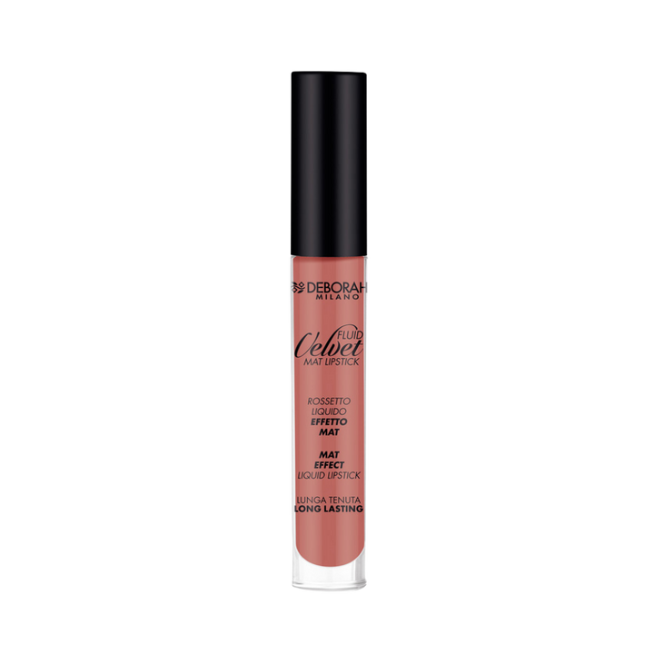 DEBORAH Milano Fluid Velvet Matte Liquid Lipstick, long-lasting, in a clear tube with black cap.