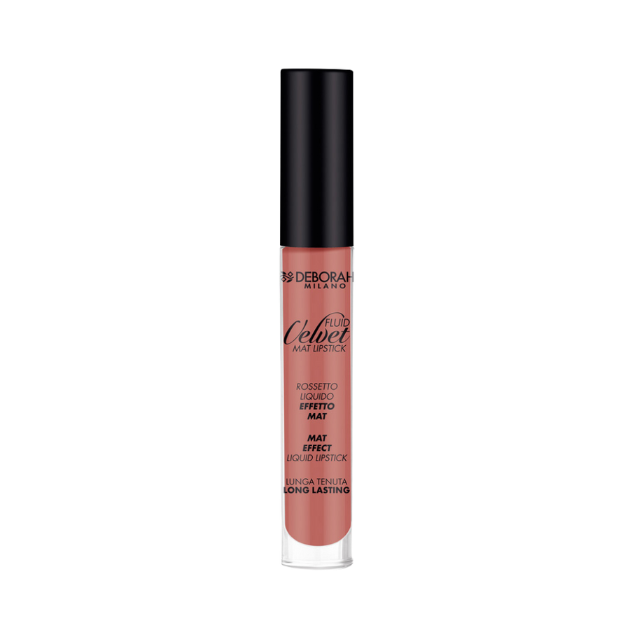 DEBORAH Milano Fluid Velvet Matte Liquid Lipstick, long-lasting, in a clear tube with black cap.