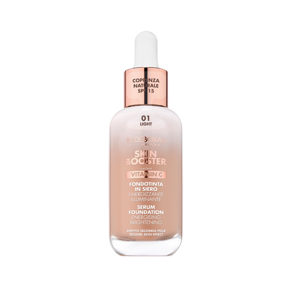 DEBORAH Milano Skin Booster Serum Foundation with Vitamin C, shade 01 Light, SPF 15, in a dropper bottle.