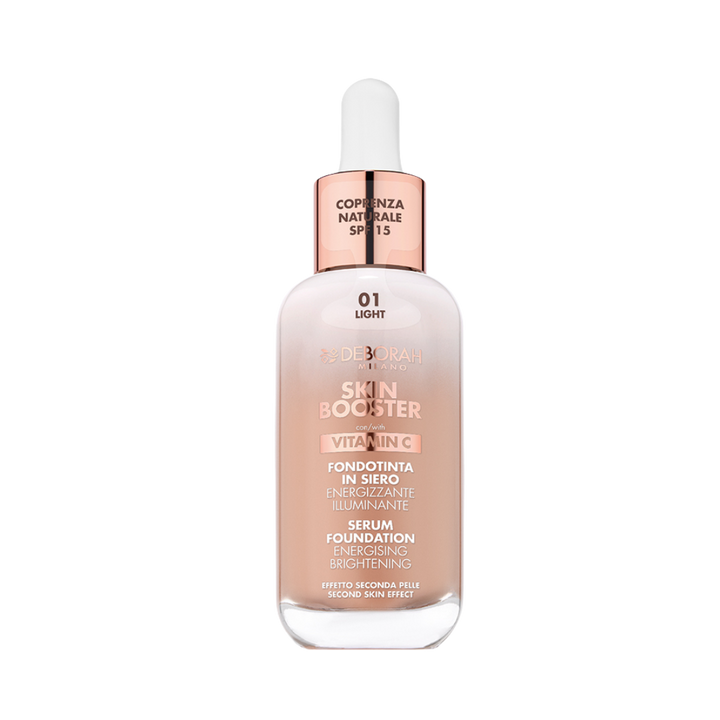 DEBORAH Milano Skin Booster Serum Foundation with Vitamin C, shade 01 Light, SPF 15, in a dropper bottle.