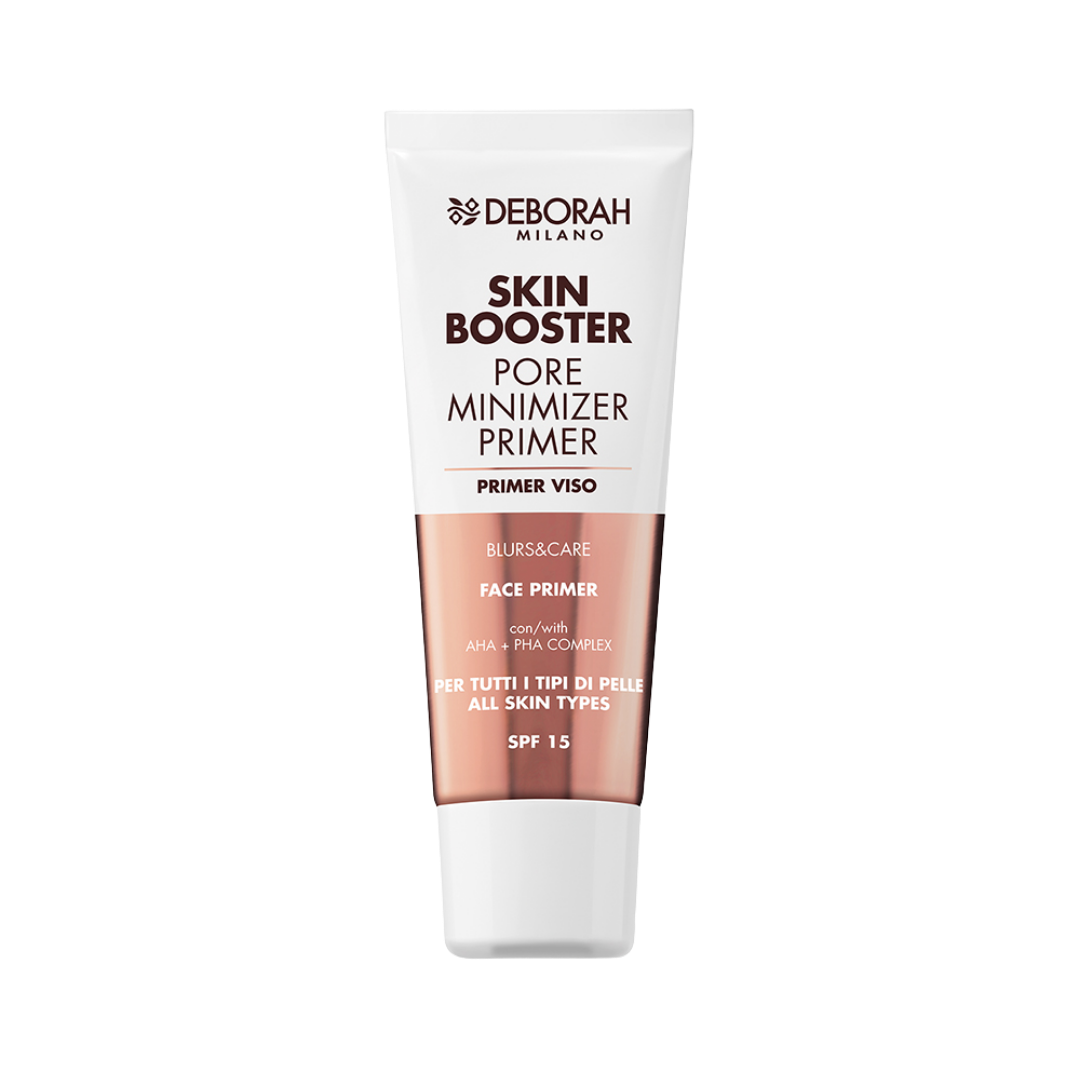 Deborah Milano Skin Booster pore minimizer face primer tube with rose gold detail, SPF 15, squeeze packaging
