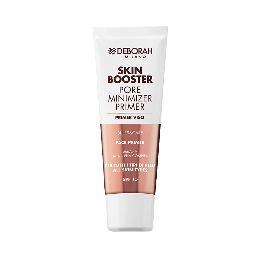 Deborah Milano Skin Booster pore minimizer face primer tube with rose gold detail, SPF 15, squeeze packaging
