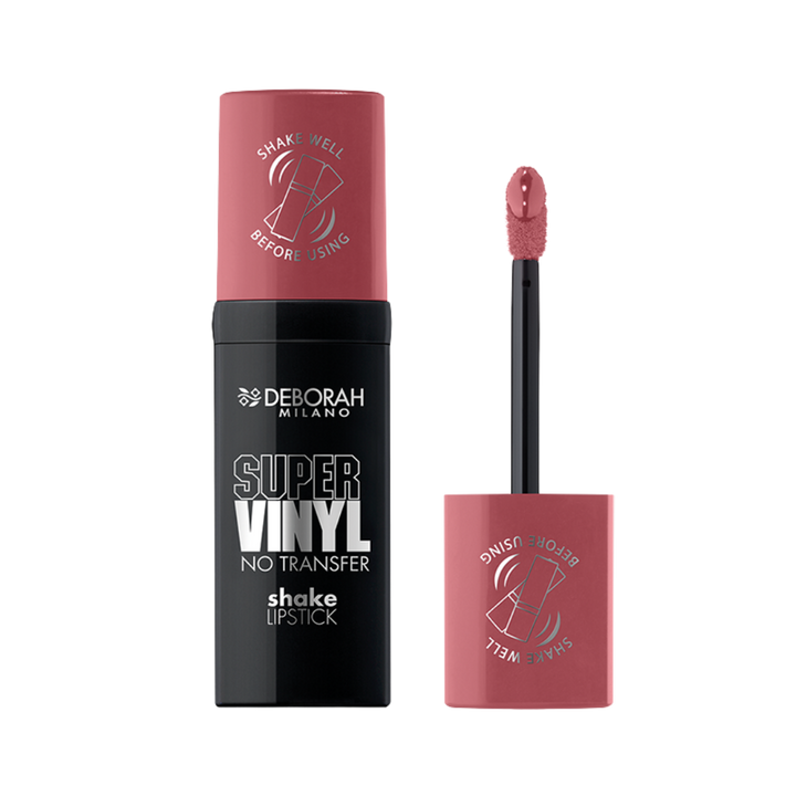 Deborah Milano Super Vinyl no transfer shake lipstick with doe foot applicator, black tube, pink cap
