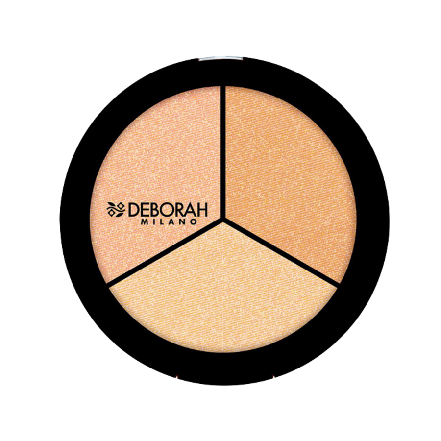 DEBORAH Milano highlighter palette with three golden shades, in a black round compact.