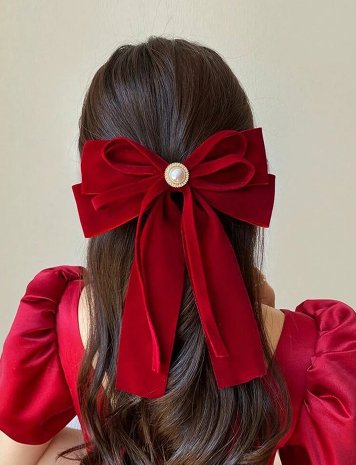 Bow Hair Clips - 1pcs | ربطة شعر فيونكة مخملية باللون الأحمر - قطعة