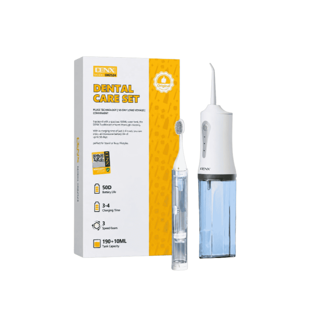 DENX DX25 Dental Care Set, white water flosser and electric toothbrush with yellow retail box.