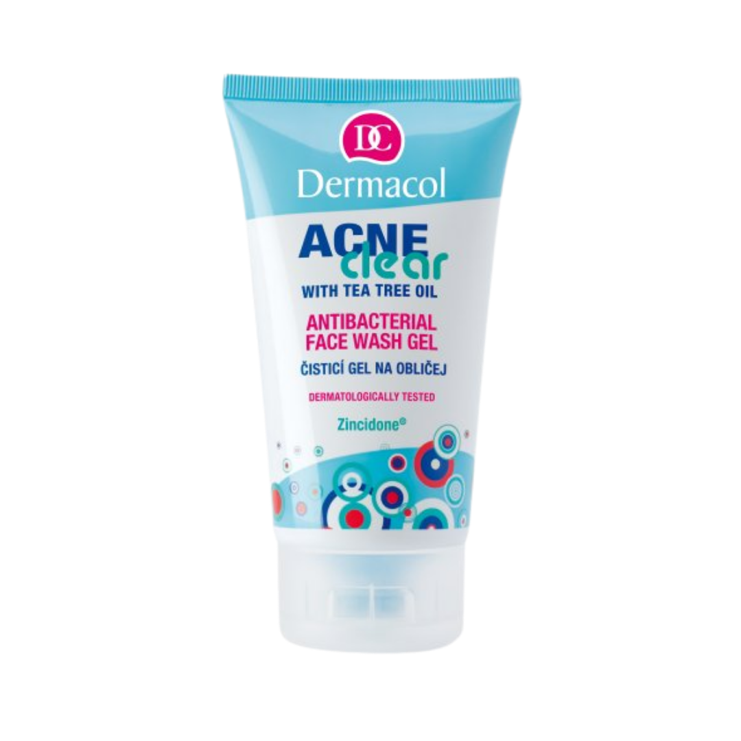 Dermacol Acne Clear face wash gel with tea tree oil, blue-white tube, clear cap.
