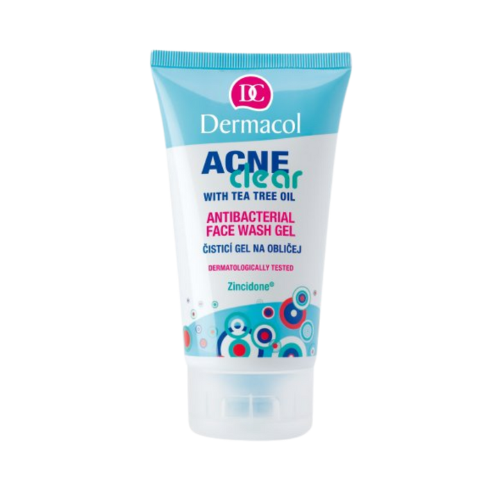 Dermacol Acne Clear face wash gel with tea tree oil, blue-white tube, clear cap.
