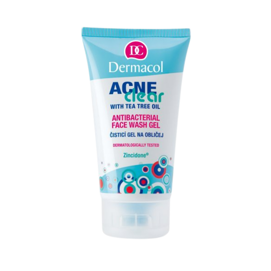 Dermacol Acne Clear face wash gel with tea tree oil, blue-white tube, clear cap.
