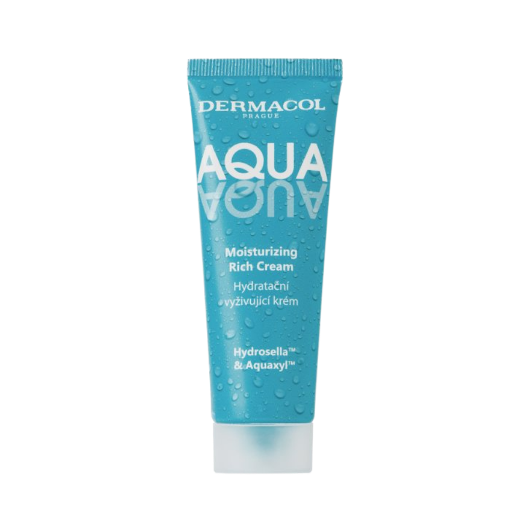 Dermacol Aqua Moisturizing Rich Cream tube, blue packaging with water droplet design, white cap.
