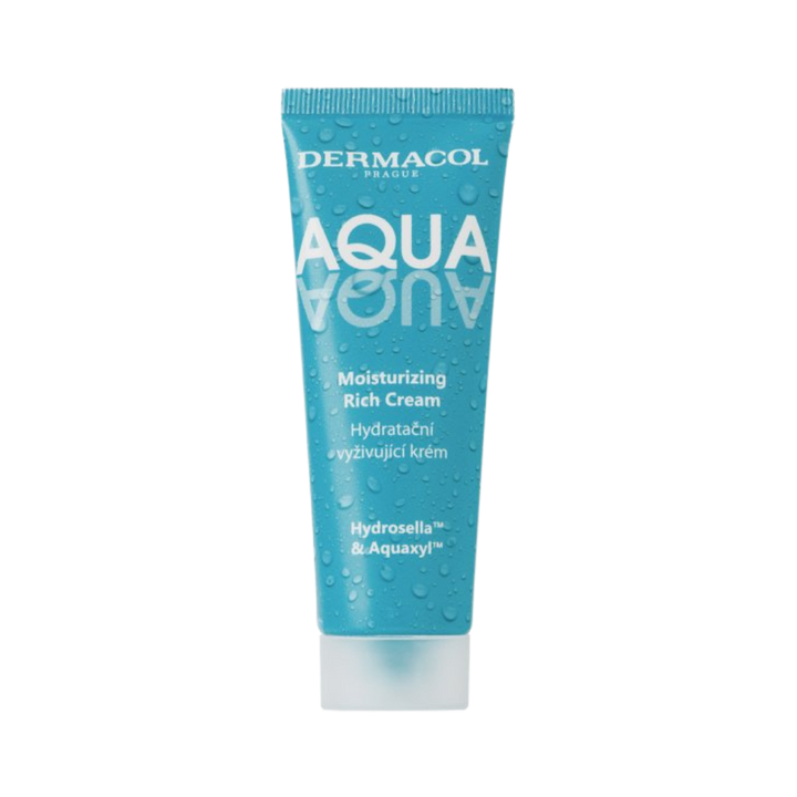 Dermacol Aqua Moisturizing Rich Cream tube, blue packaging with water droplet design, white cap.
