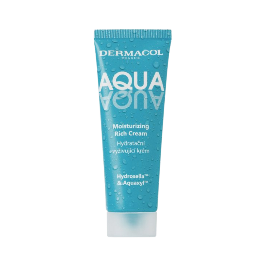 Dermacol Aqua Moisturizing Rich Cream tube, blue packaging with water droplet design, white cap.
