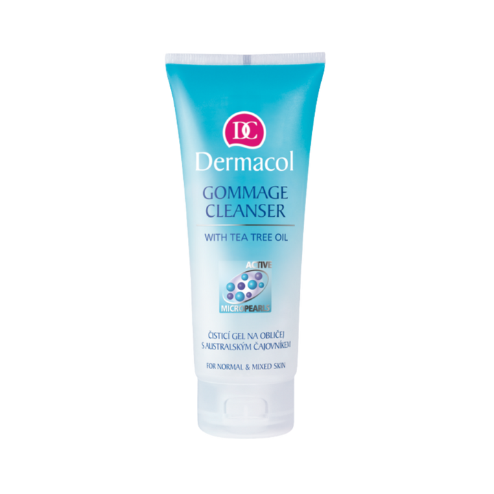 Dermacol Gommage Cleanser with tea tree oil, blue gradient tube, micropearls graphic, clear cap.
