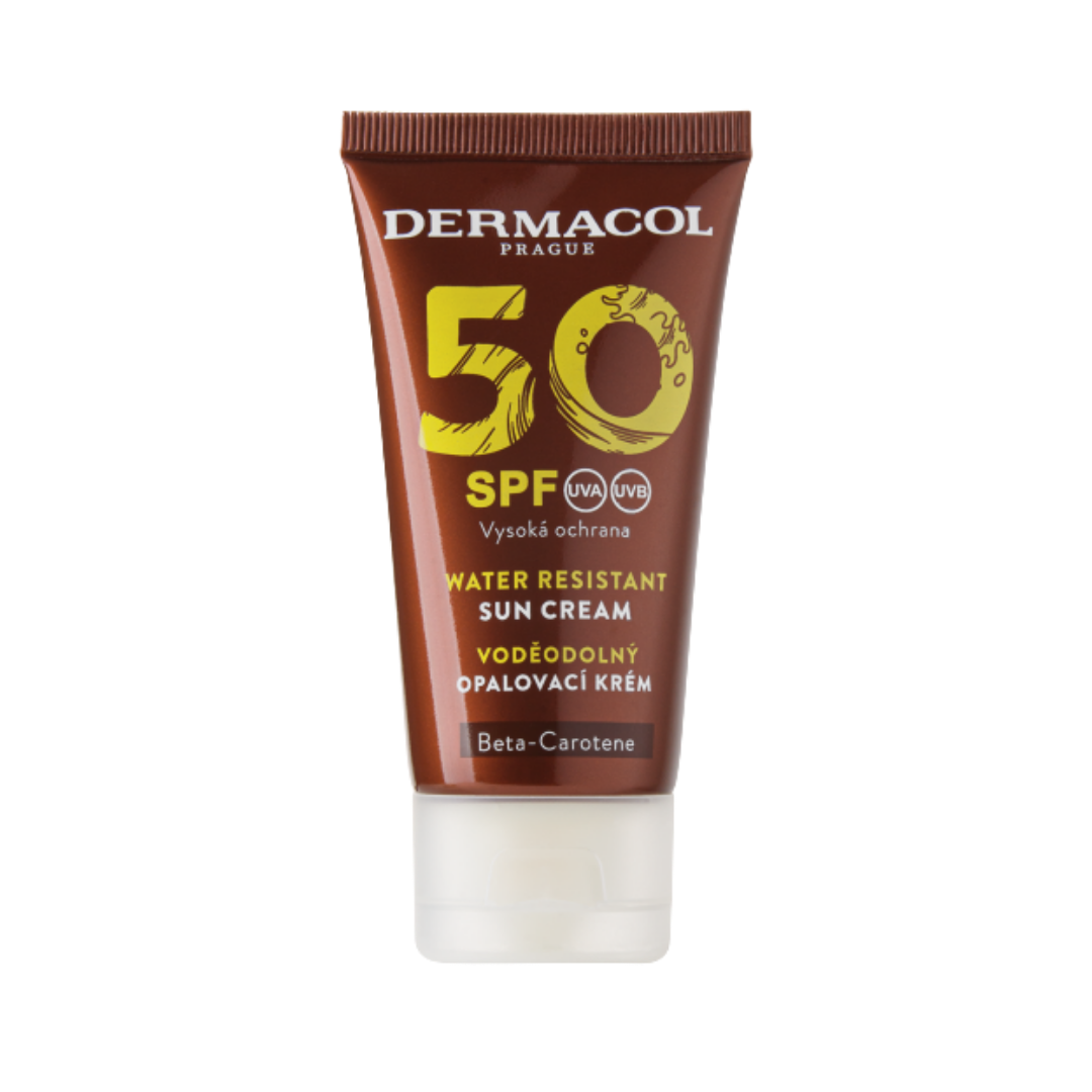 Dermacol SPF 50 water resistant sun cream tube, brown packaging, white cap, beta-carotene label.
