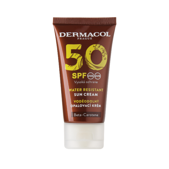 Dermacol SPF 50 water resistant sun cream tube, brown packaging, white cap, beta-carotene label.
