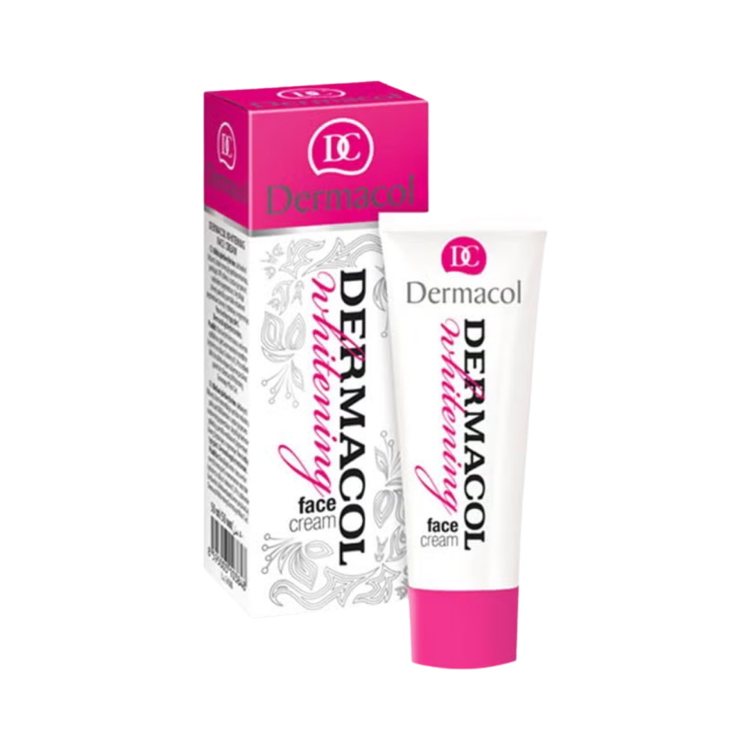 Dermacol Nutrition face cream, white tube with pink cap, matching white box packaging.
