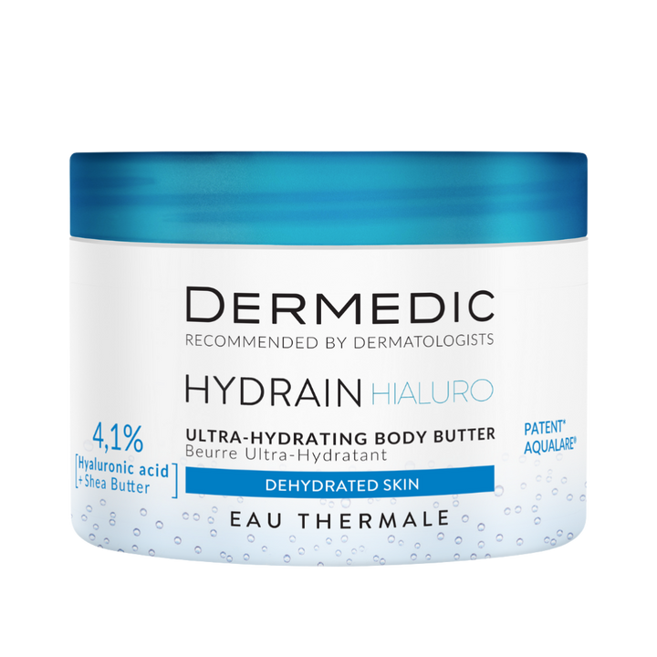 Dermedic Hydrain Hialuro ultra-hydrating body butter jar with blue lid for dehydrated skin.