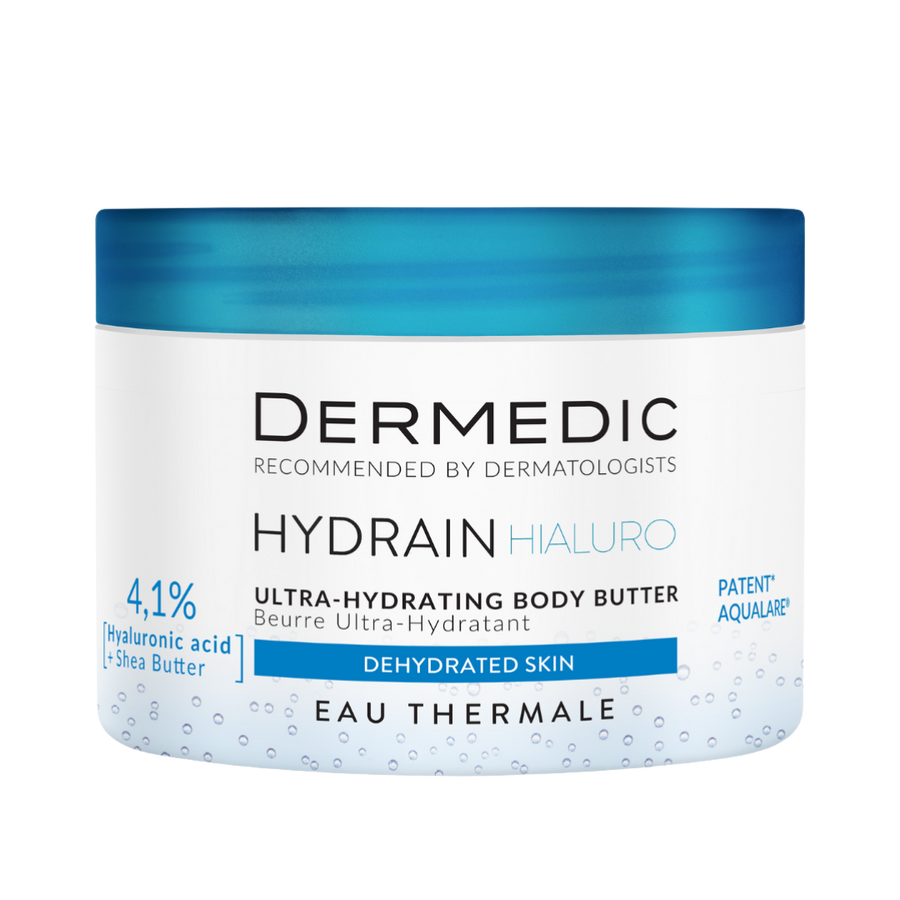 Dermedic Hydrain Hialuro ultra-hydrating body butter jar with blue lid for dehydrated skin.